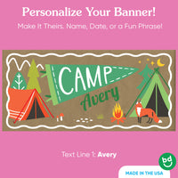 Close-up of custom camp name on banner