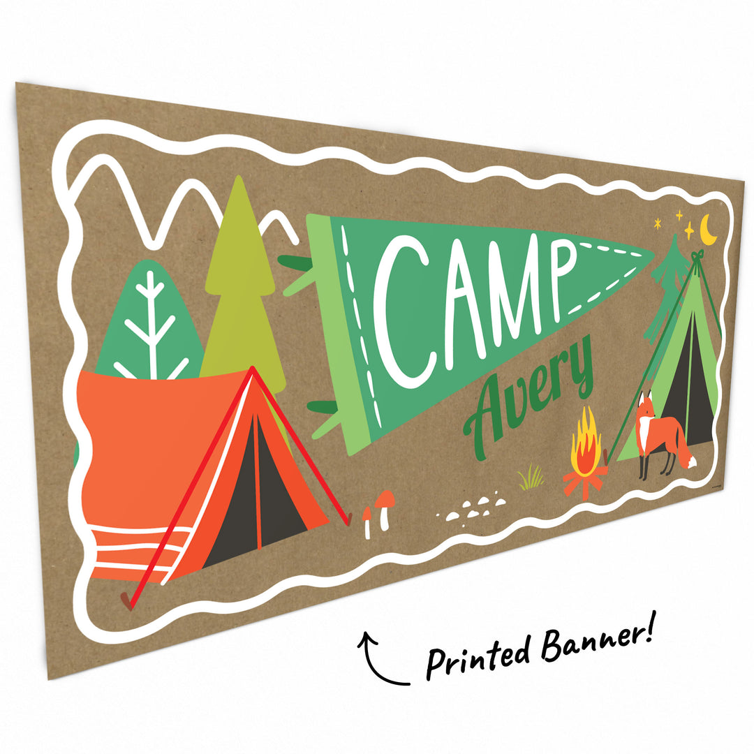 Illustrated camping-themed banner with trees, tent, and campfire on a brown background