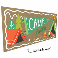 Illustrated camping-themed banner with trees, tent, and campfire on a brown background