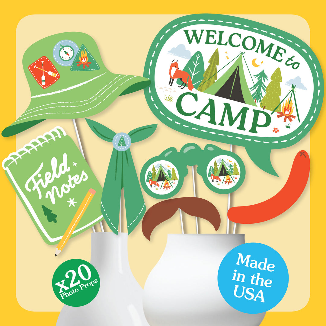 Kids camping birthday party photo booth activity setup