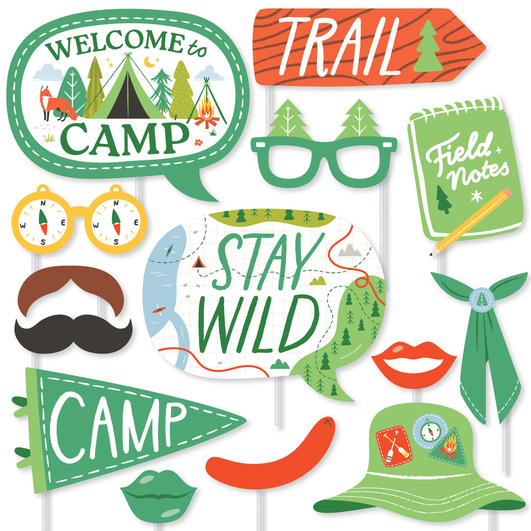 Camping photo booth props set with hats glasses signs