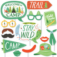 Camping photo booth props set with hats glasses signs