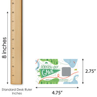 Measurement chart showing a scratch-off game card with dimensions relative to a standard desk ruler.