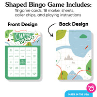 Close-up of bingo card with camping icons