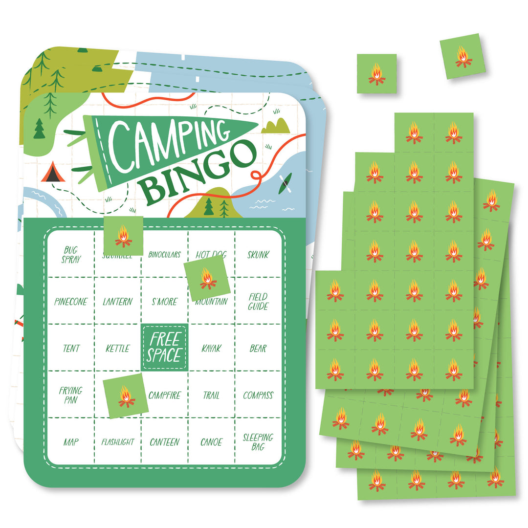 Camping bingo game cards set party activity
