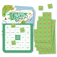 Camping bingo game cards set party activity