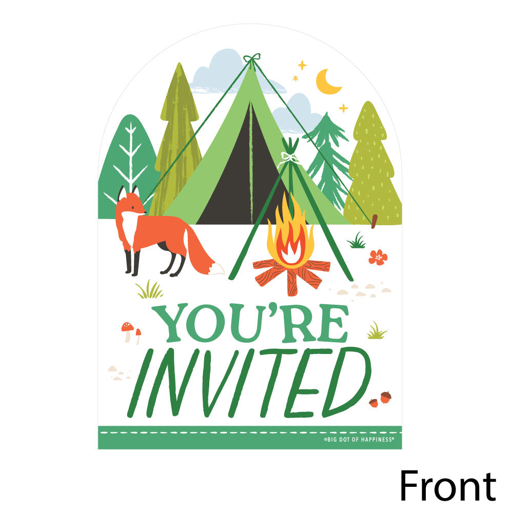 Front design with tent fox campfire illustration