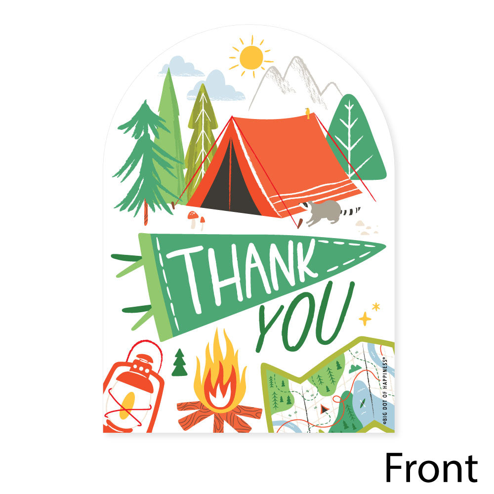 Front design with campfire tent lantern artwork