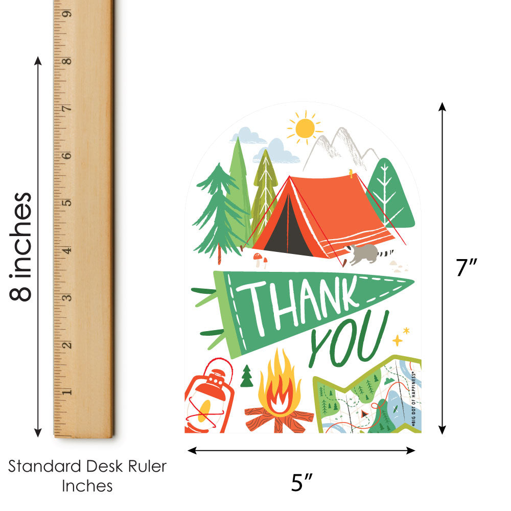 Illustration of a camping scene with 'Thank You' text, measured against a ruler for size reference.