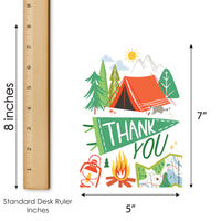 Illustration of a camping scene with 'Thank You' text, measured against a ruler for size reference.