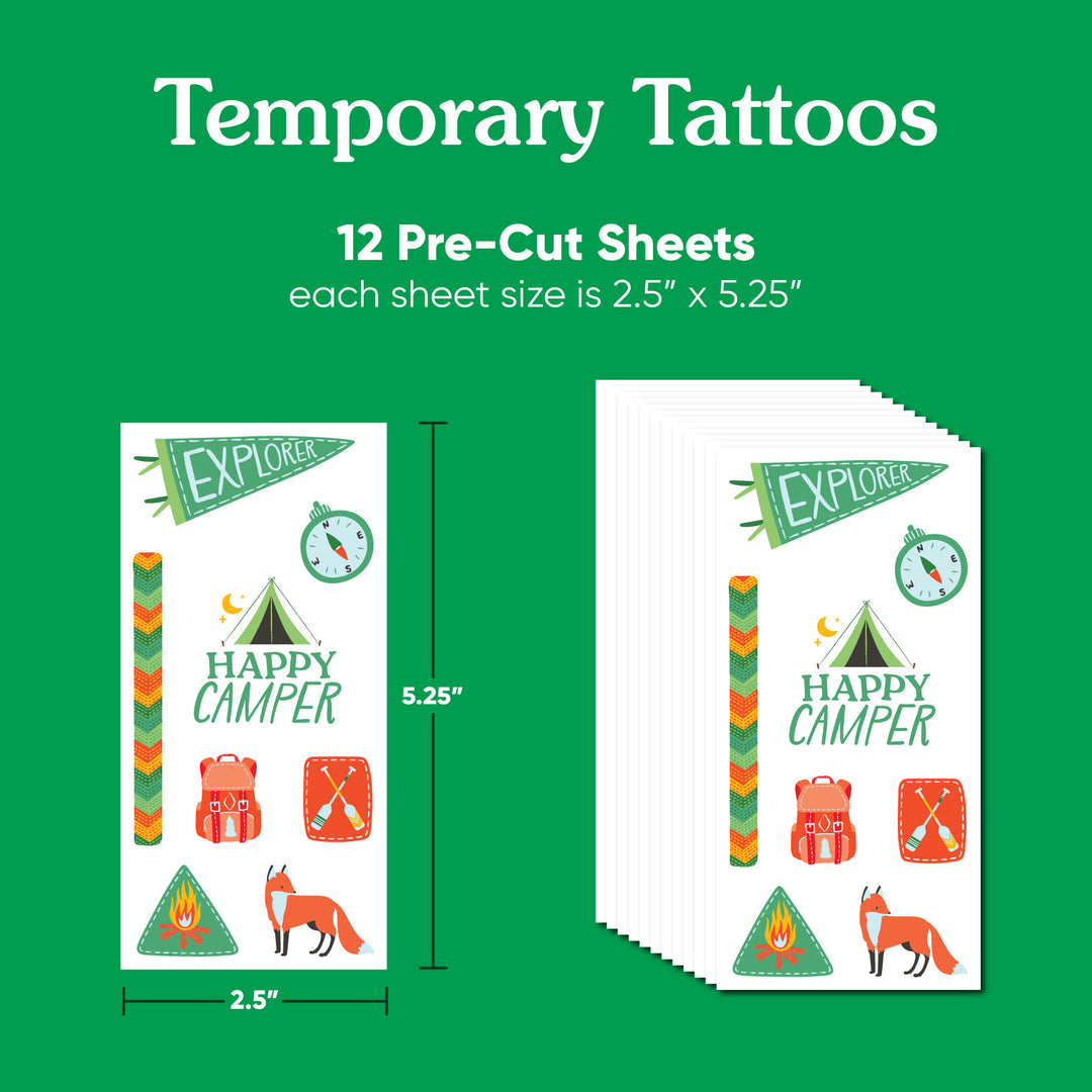 Close-up of tattoo designs tents campfire backpack icons