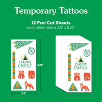 Close-up of tattoo designs tents campfire backpack icons