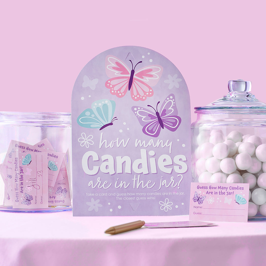 Beautiful Butterfly - How Many Candies Floral Baby Shower or Birthday Party Game - 1 Stand and 40 Cards - Candy Guessing Game