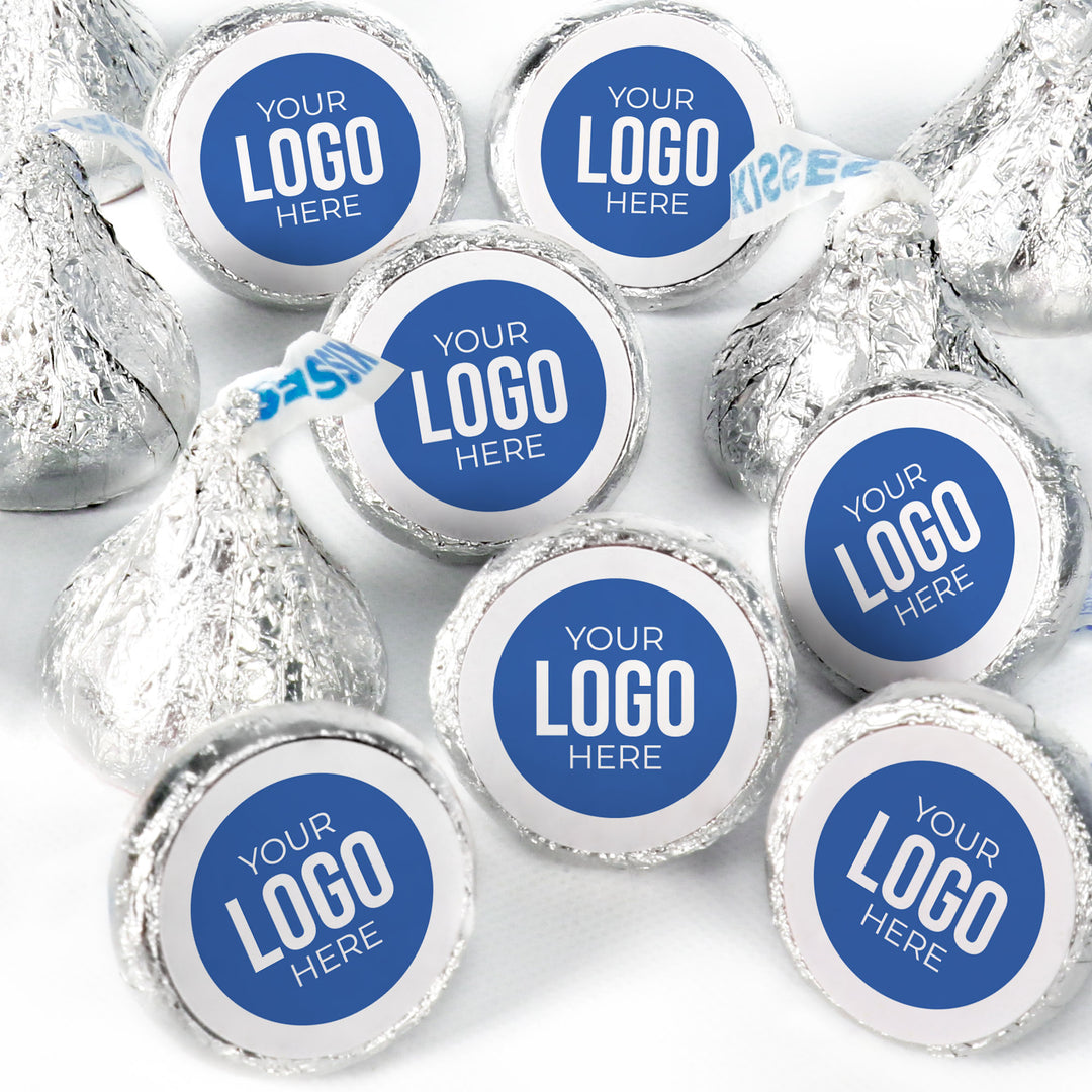 A collection of round candy stickers with a blue logo Upload Your Logo Here