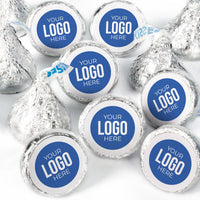 A collection of round candy stickers with a blue logo Upload Your Logo Here