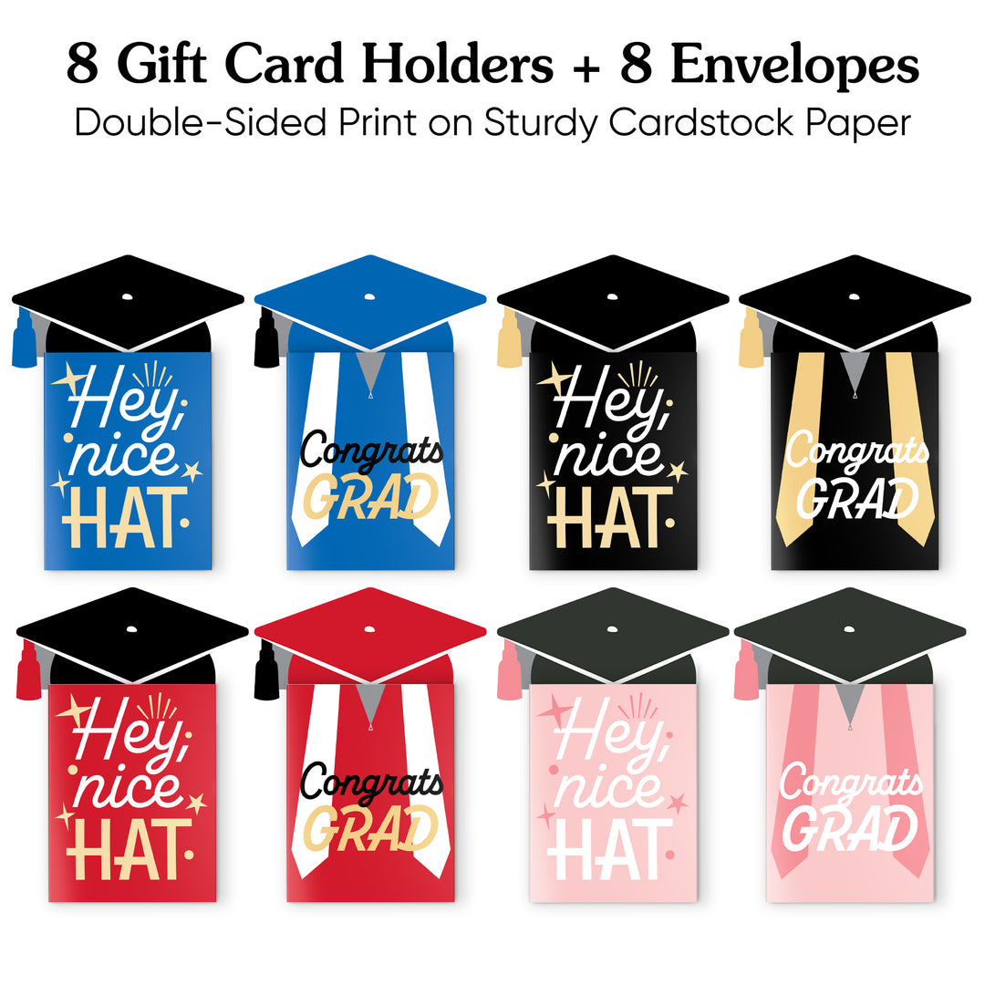 Set of 8 gift card holders with graduation-themed designs on a white background.