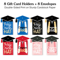 Set of 8 gift card holders with graduation-themed designs on a white background.