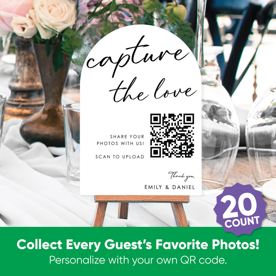 Custom Photo - Capture The Love QR Code Wedding Table Numbers - 20 Ct