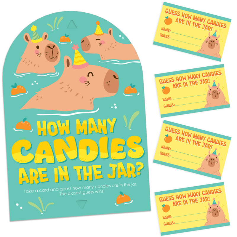 Capy Birthday - How Many Candies Capybara Party Game - 1 Stand and 40 Cards - Candy Guessing Game