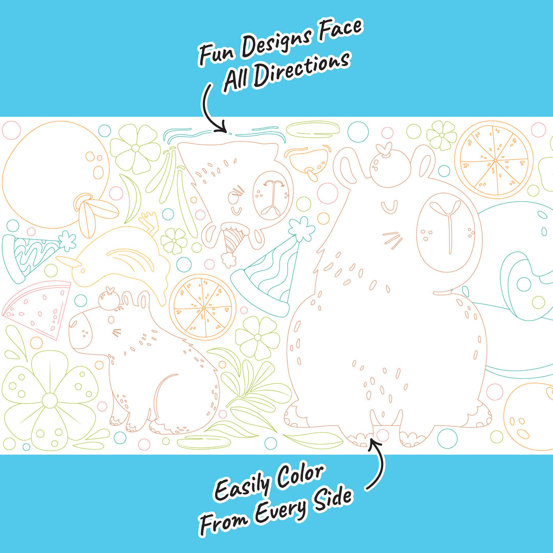 Capybara birthday illustrations on coloring runner close-up