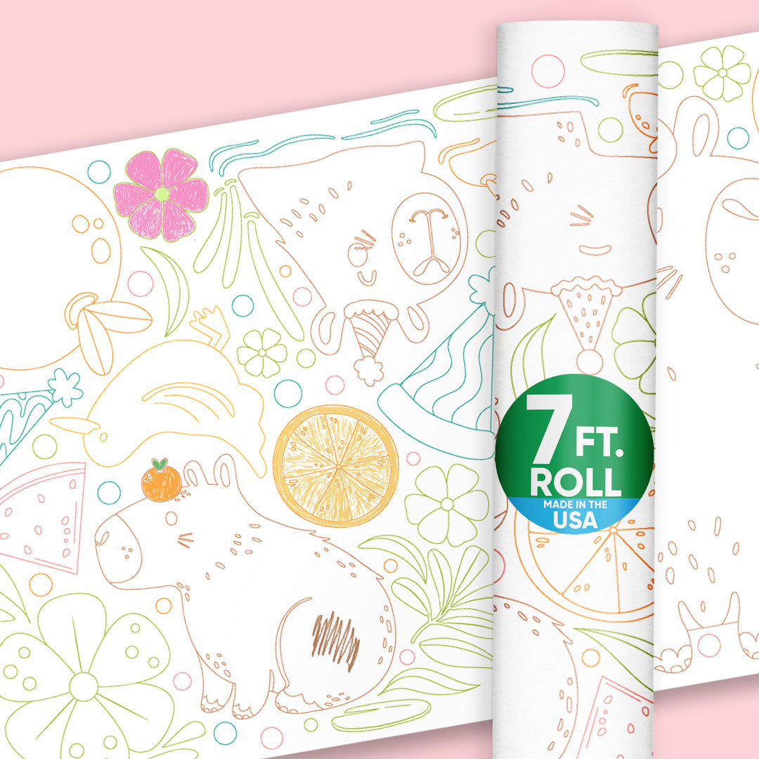 Capy Birthday coloring table runner on kids party table