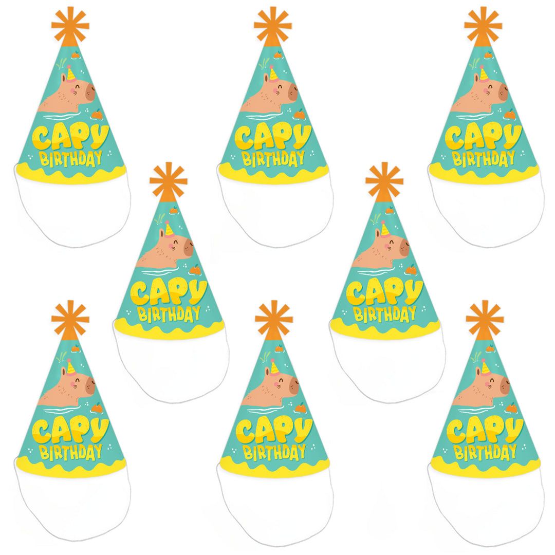 Capy Birthday - Cone Happy Birthday Party Hats for Kids and Adults - Set of 8 (Standard Size)