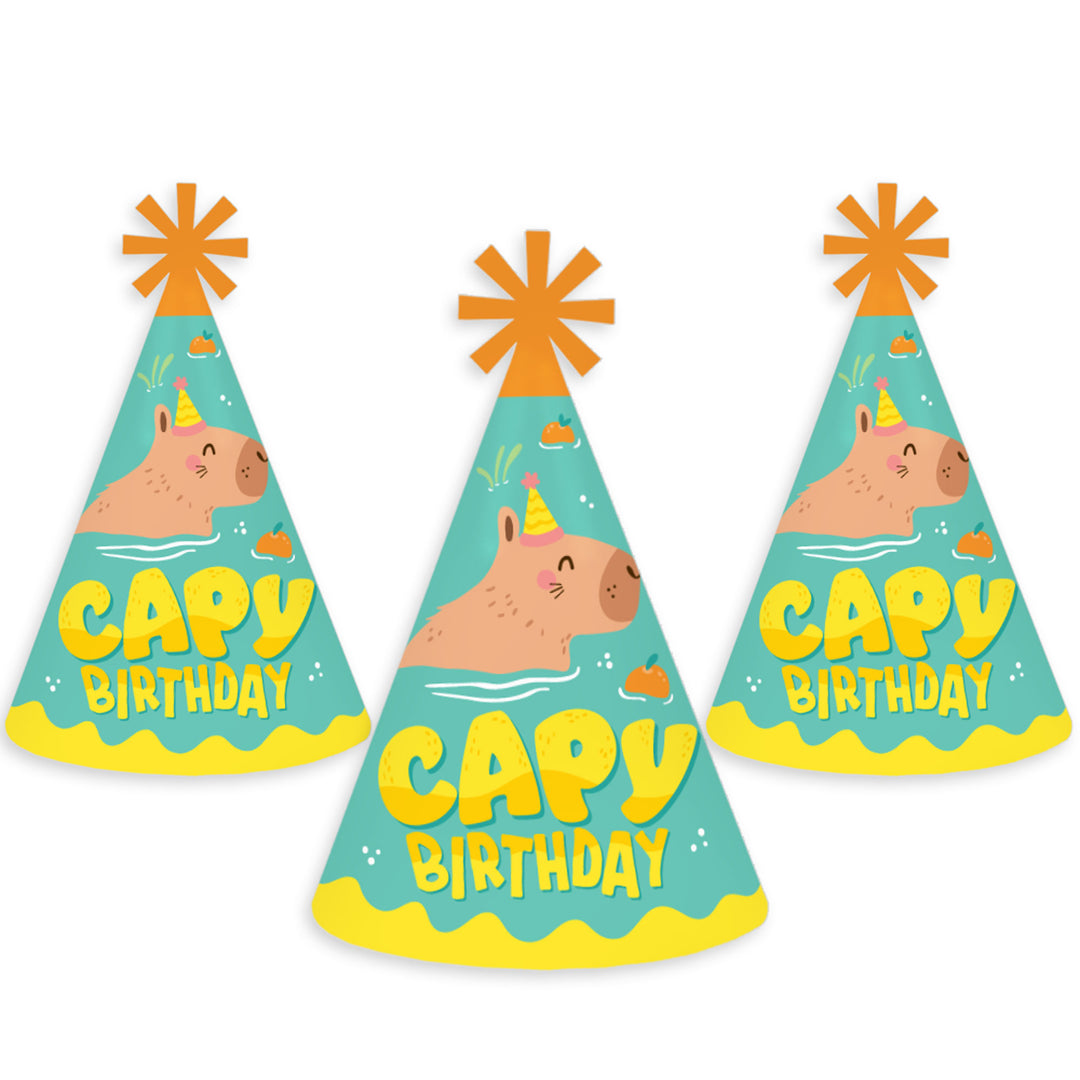 Capy Birthday - Cone Happy Birthday Party Hats for Kids and Adults - Set of 8 (Standard Size)