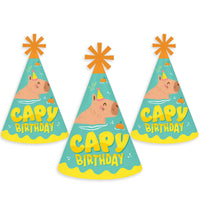 Capy Birthday - Cone Happy Birthday Party Hats for Kids and Adults - Set of 8 (Standard Size)