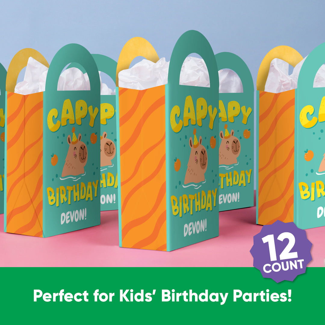 Custom Text Capy Birthday Paper Favor Bags - 12 Ct