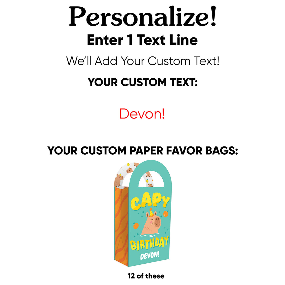 Custom Text Capy Birthday Paper Favor Bags - 12 Ct