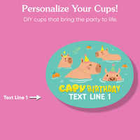 Personalizable cup design with cartoon hippos and text space on a pink background