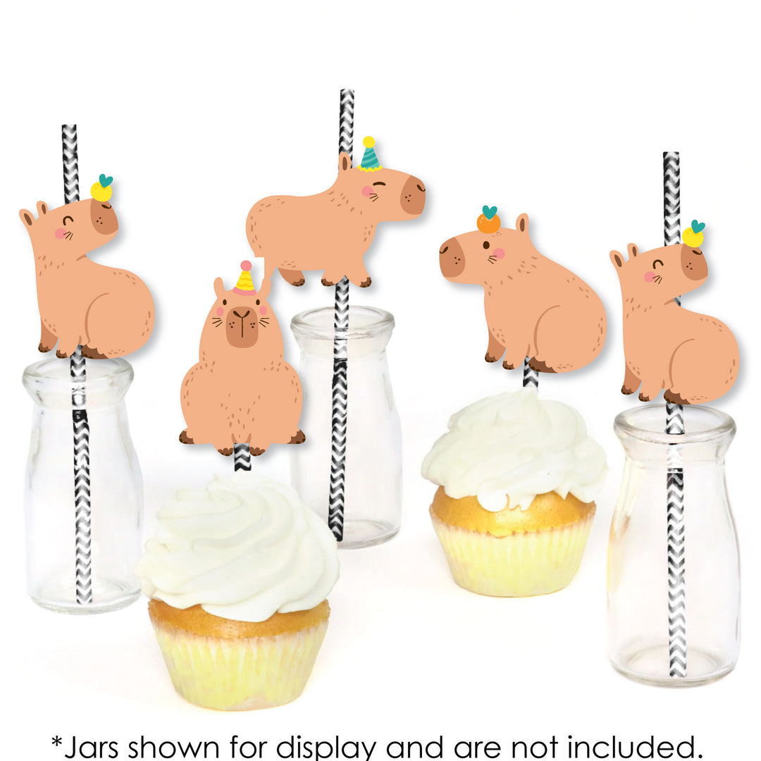 Capy Birthday - Paper Straw Decor - Capybara Party Striped Decorative Straws - Set of 24