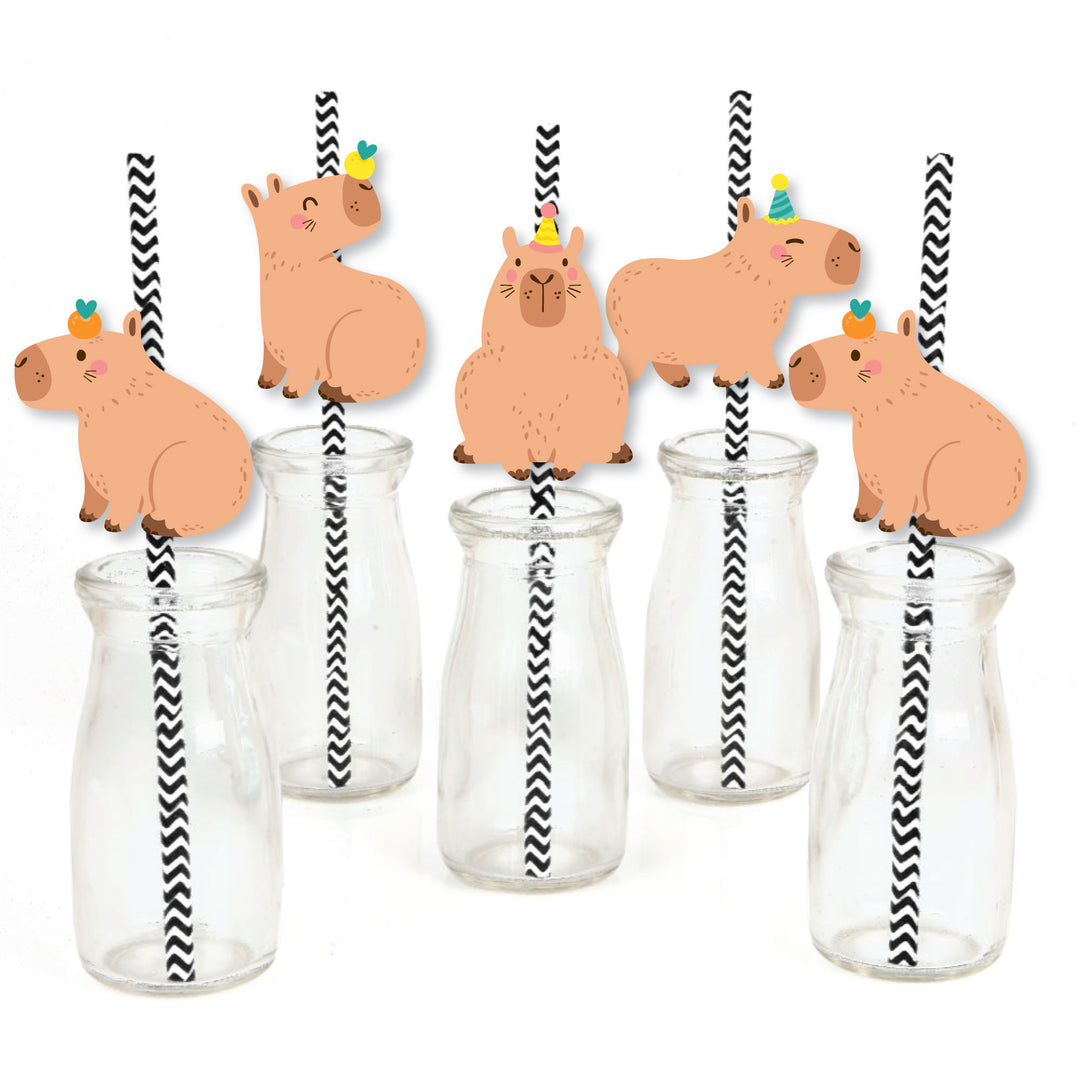 Capy Birthday - Paper Straw Decor - Capybara Party Striped Decorative Straws - Set of 24