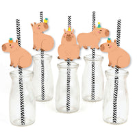 Capy Birthday - Paper Straw Decor - Capybara Party Striped Decorative Straws - Set of 24