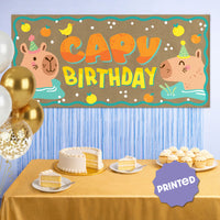 Capybara birthday party backdrop with party hats