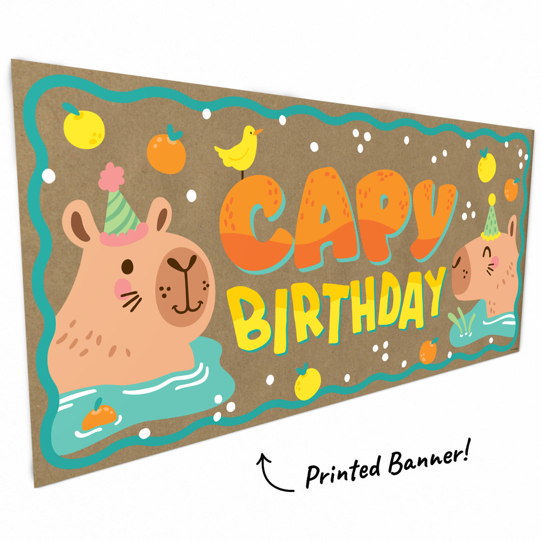 Close-up of smiling capybara and fruit accents