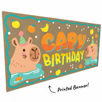 Close-up of smiling capybara and fruit accents