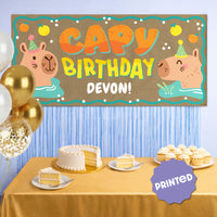Capybara-themed birthday backdrop with personalized banner