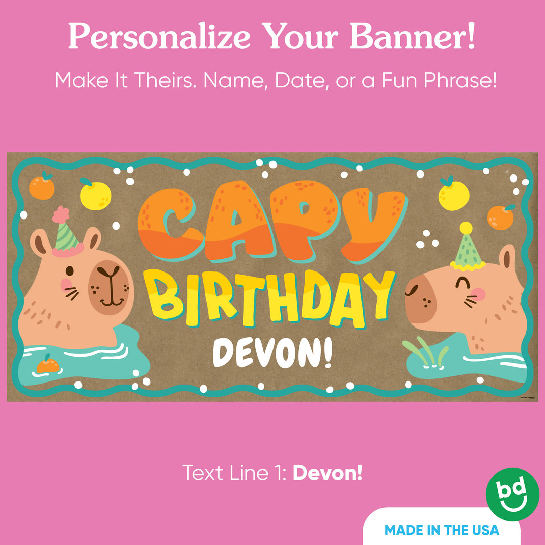 Custom name printed on Capy Birthday banner