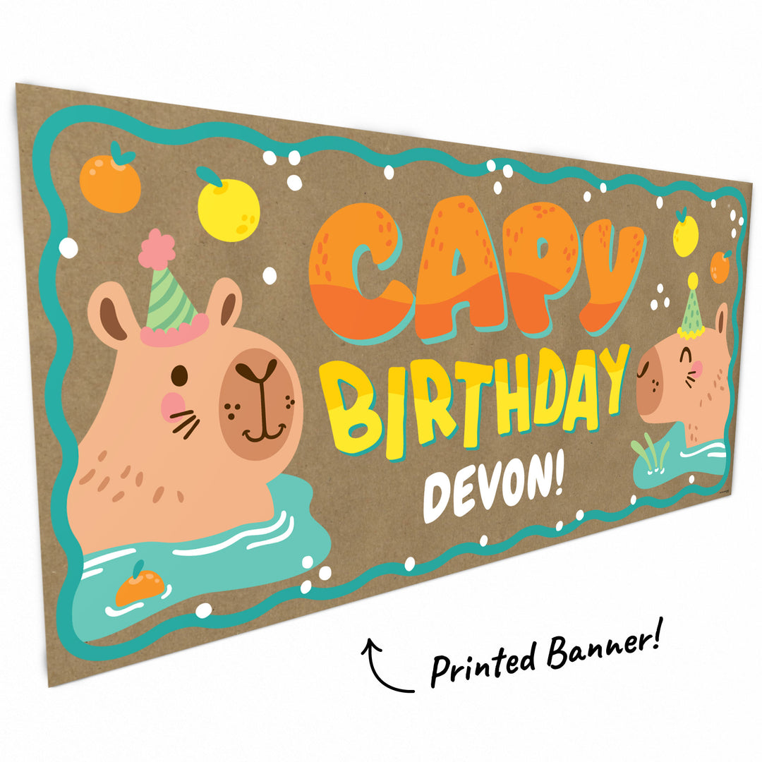 Smiling capybara artwork close-up on banner