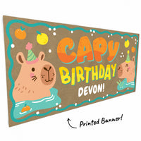 Smiling capybara artwork close-up on banner