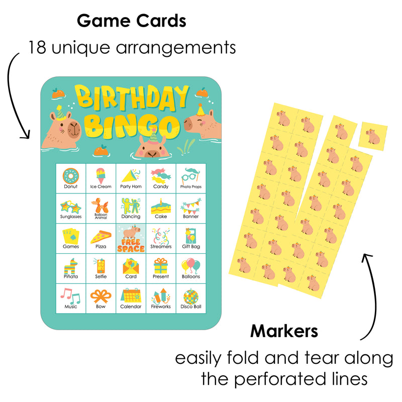 Capy Birthday - Picture Bingo Cards and Markers - Capybara Party Bingo Game - Set of 18