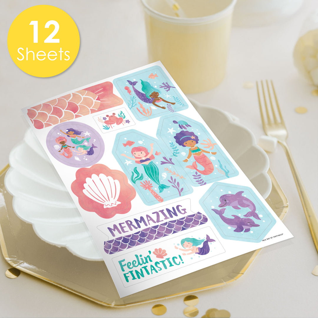 Mermaid Birthday Party Favor Stickers - 12 Sheets - 120 Stickers