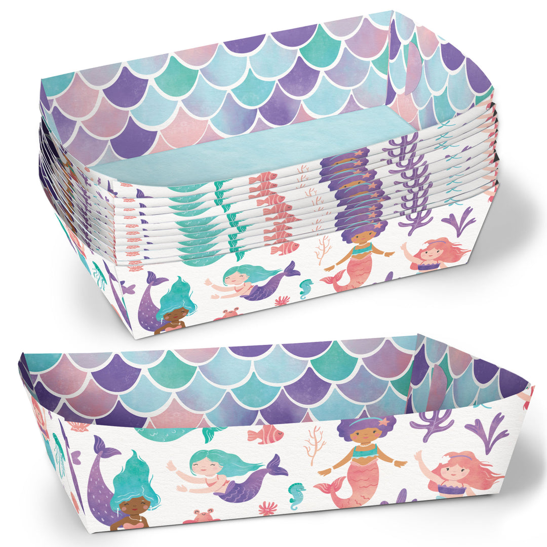 A stack of disposable paper food trays with a double-sided mermaid theme pattern, featuring colors and illustrations of mermaids, fish, and sea creatures.