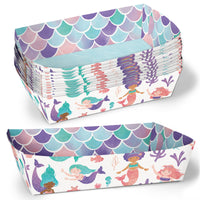A stack of disposable paper food trays with a double-sided mermaid theme pattern, featuring colors and illustrations of mermaids, fish, and sea creatures.