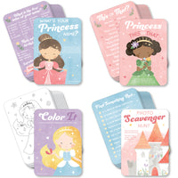 A collection of colorful game cards for a princess-themed birthday party, featuring various princess illustrations and game titles such as 'Color It', 'Photo Scavenger Hunt', 'What's Your Princess Name', and 'This or That'.