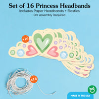 Set of 16 princess headbands with decorative elements on a blue background.