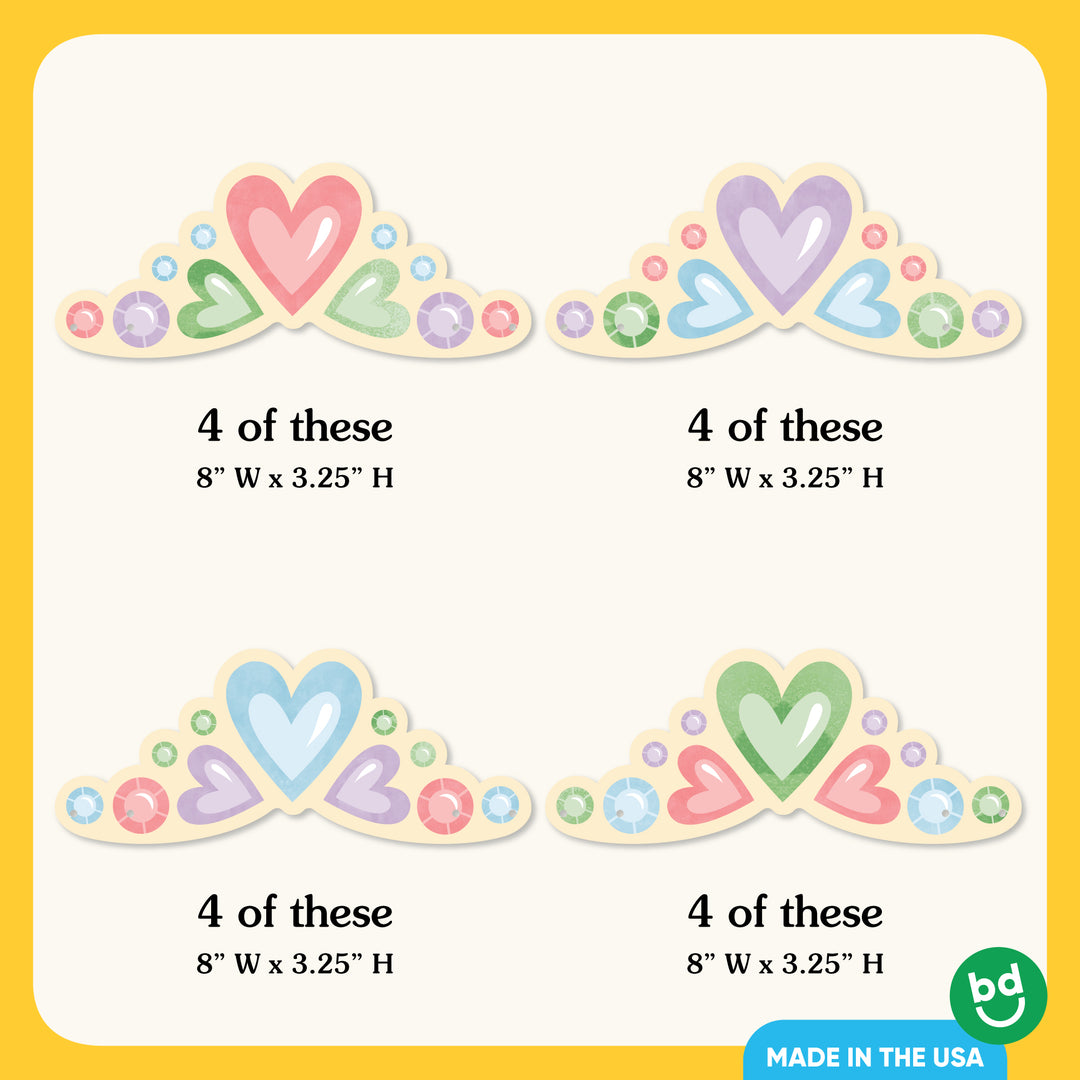 Four colorful heart-shaped tiaras on a yellow background.