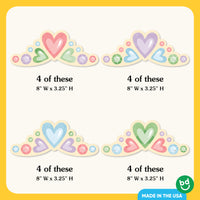 Four colorful heart-shaped tiaras on a yellow background.