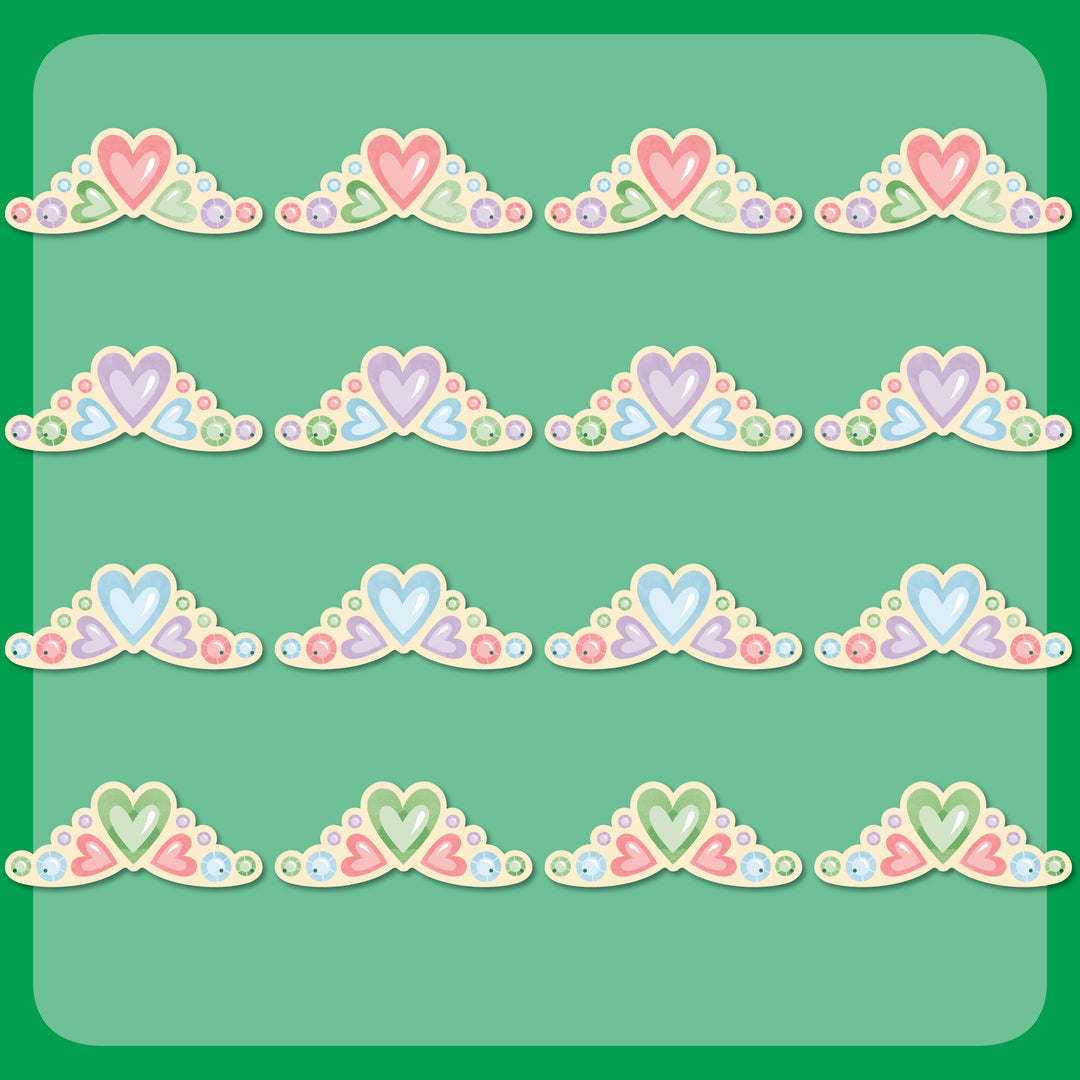 Pattern of colorful heart-shaped tiaras on a green background